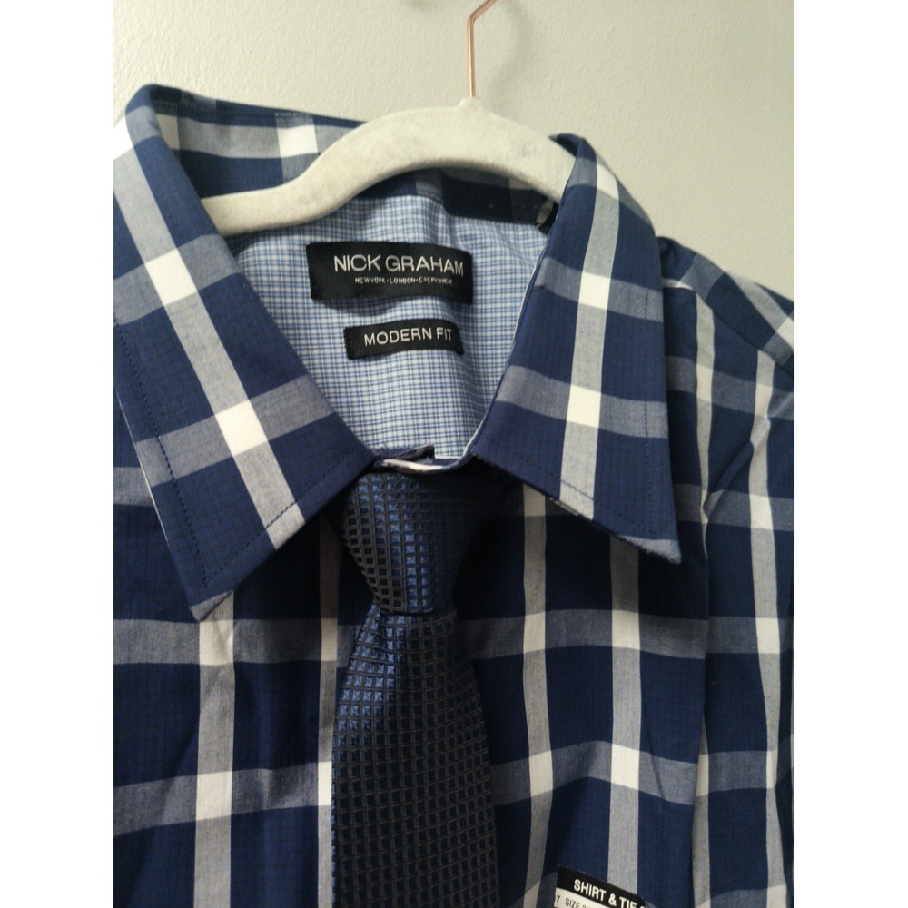 Nick Graham Modern Fit Men's Cotton Dress Shirt & Tie Set Blue 2XL 18-18.5 36-37 - Picture 4 of 12